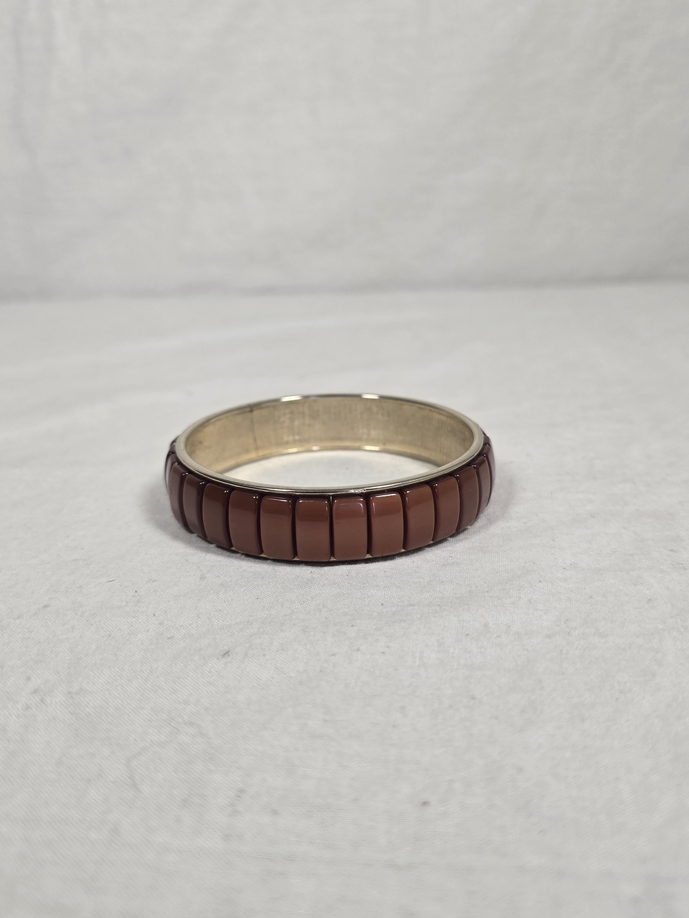 Vintage Brown Resin Tile Bangle Bracelet Gold Tone Metal Retro Costume Jewelry